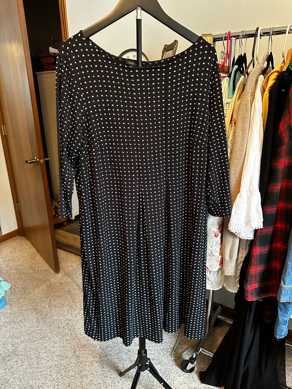 J. Jill Wearever Diamond Dot Knit Dress Black White 3/4 Sleeve EUC Plus 1X